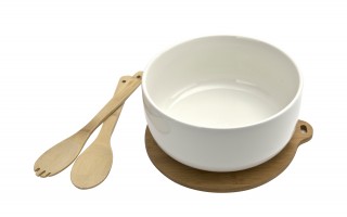 Miska do sałaty 25 cm z bambusową podstawką biała