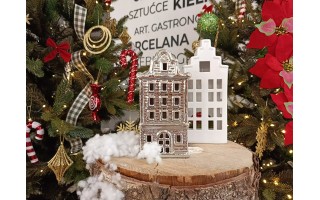 Ceramiczna ozdoba Kamieniczka LED świecąca srebrna duża 20 cm