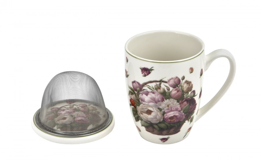 Kubek porcelanowy 360 ml z zaparzaczem Kwiaty Piwonie