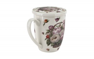 Kubek porcelanowy 360 ml z zaparzaczem Kwiaty Piwonie