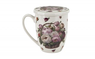 Kubek porcelanowy 360 ml z zaparzaczem Kwiaty Piwonie