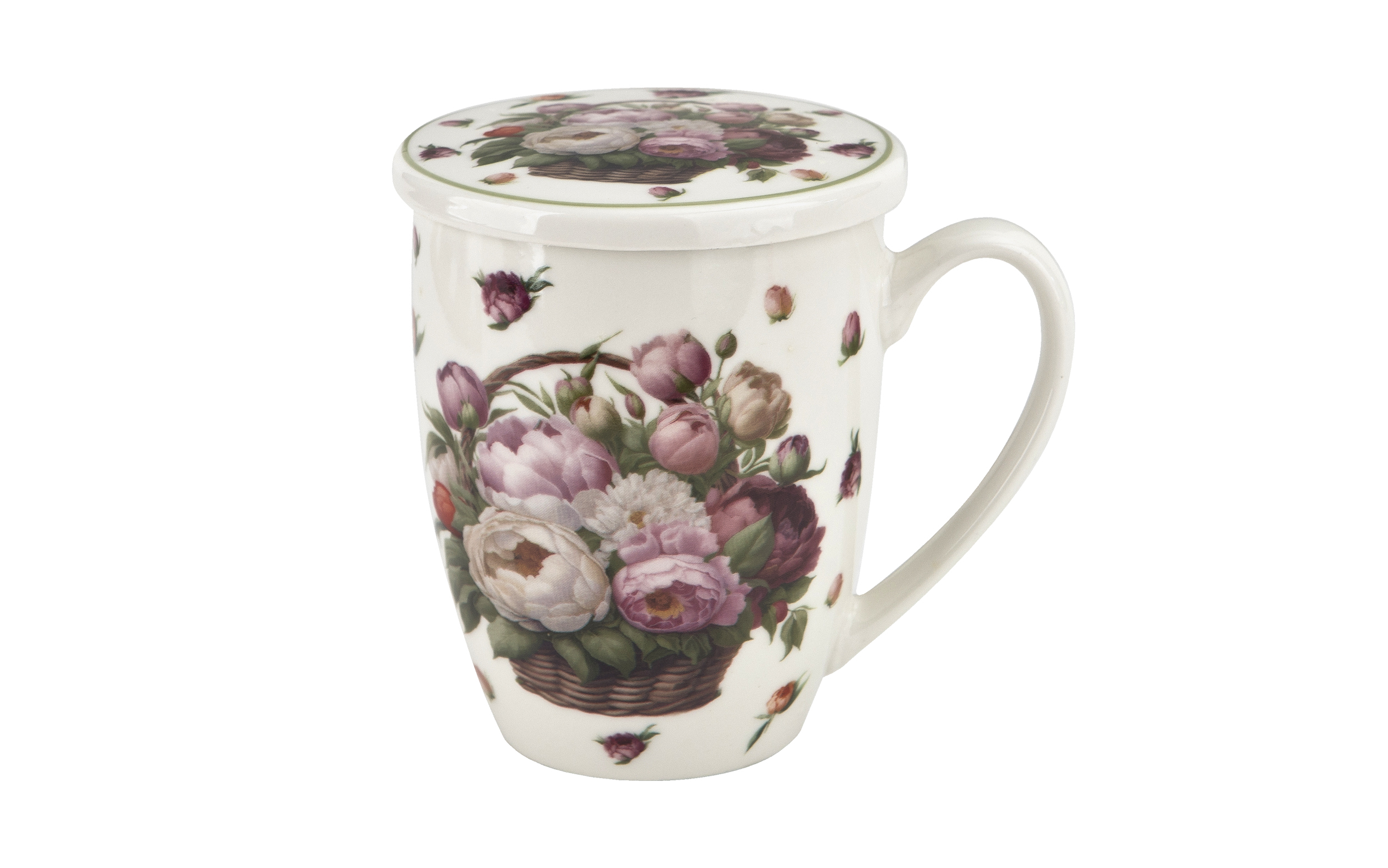 Kubek porcelanowy 360 ml z zaparzaczem Kwiaty Piwonie