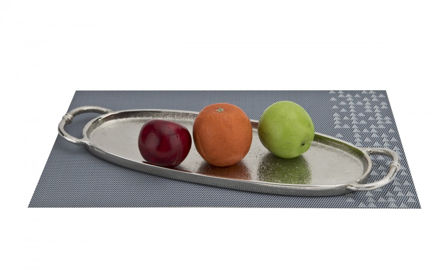 Taca ozdobna patera metalowa z uchwytem srebrna 43 cm