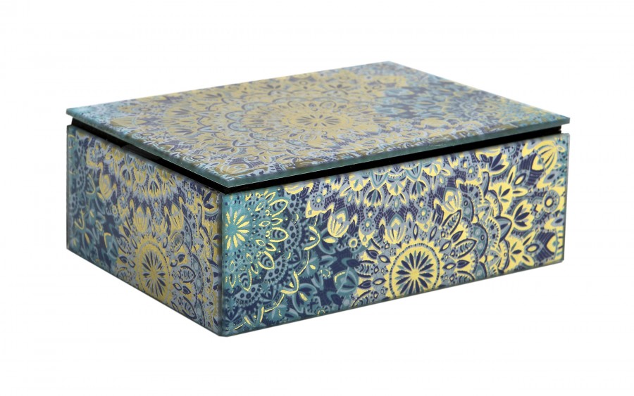 Szkatułka na biżuterię szklana niebieska 15,5x11,5x5,5 cm