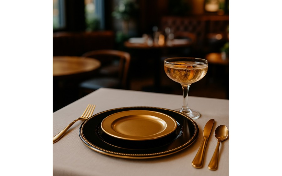 Talerz dekoracyjny plastikowy 33 cm złoty rant 160469