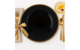 Talerz dekoracyjny plastikowy 33 cm złoty rant 160469