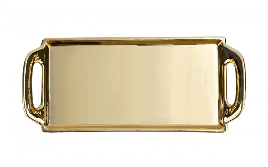 Taca ceramiczna ozdobna 30x13x4 cm złota z rączkami