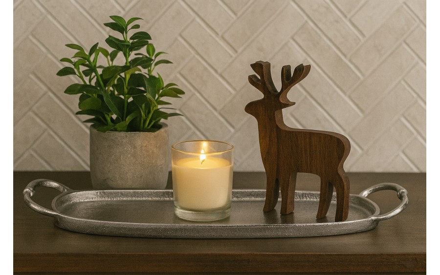 Taca ozdobna patera metalowa z uchwytem srebrna 43 cm