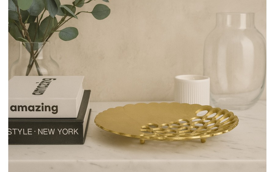 Patera ozdobna ażurowa 30 cm Liść złoty