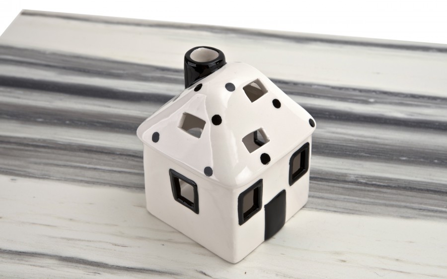 Domek ceramiczny na t-light biało-czarny 15 cm