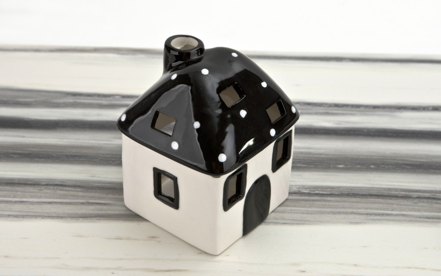 Domek ceramiczny na t-light czarno-biały 15 cm