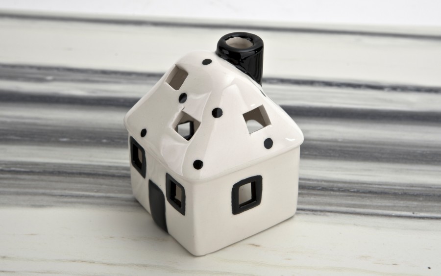 Domek ceramiczny na t-light biało-czarny 11 cm