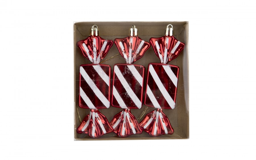 Komplet 3 bombek plastikowych Cukierek czerwono-biały 8528