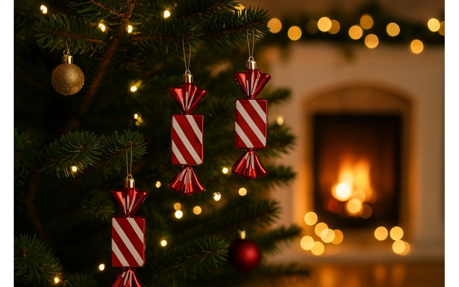 Komplet 3 bombek plastikowych Cukierek czerwono-biały 8528