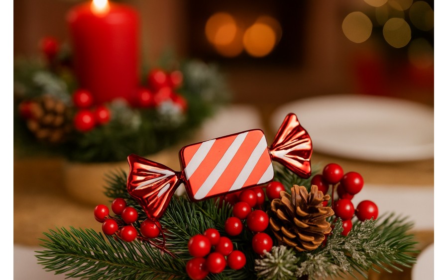 Komplet 3 bombek plastikowych Cukierek czerwono-biały 8528