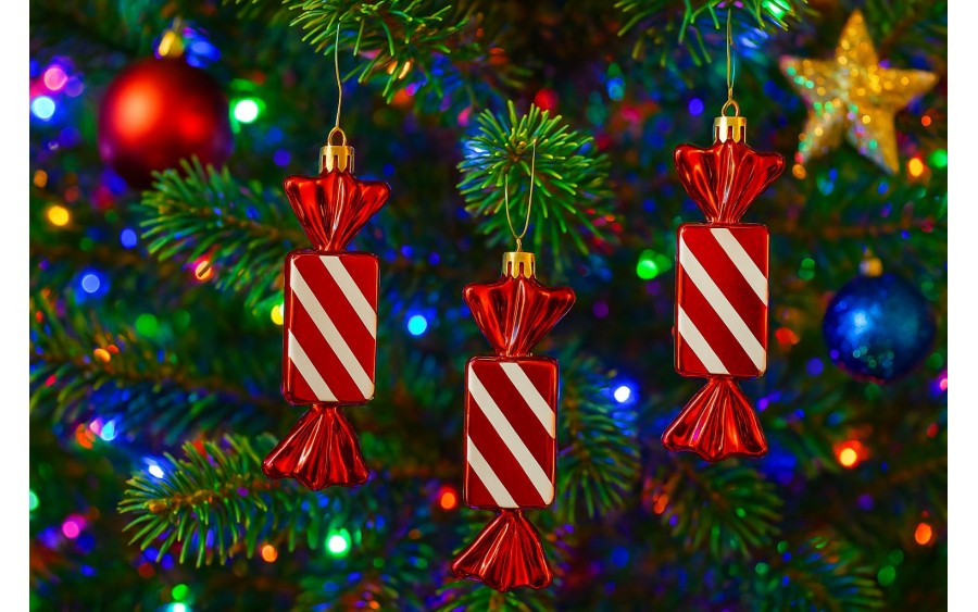 Komplet 3 bombek plastikowych Cukierek czerwono-biały 8528