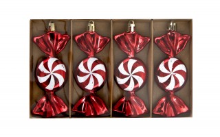 Komplet 4 bombek plastikowych Cukierek czerwono-biały 8532