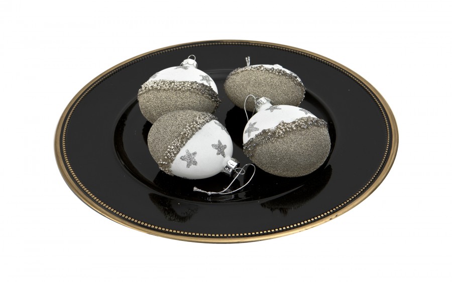 Komplet 4 bombek szklanych 8 cm biały-złoty 8450