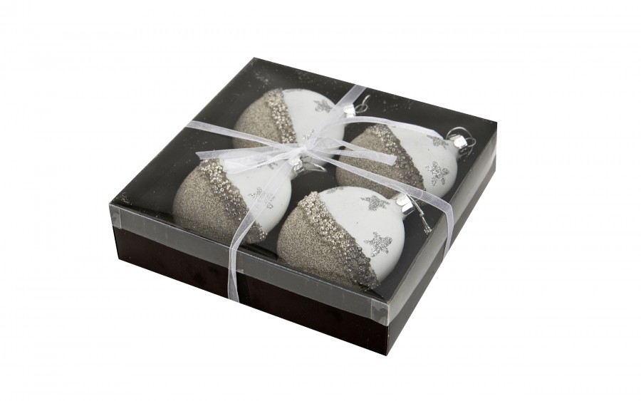 Komplet 4 bombek szklanych 8 cm biały-złoty 8450