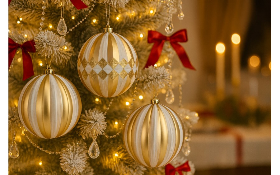 Komplet 4 bombek plastikowych 15 cm złoty-biały 8518