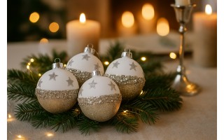 Komplet 4 bombek szklanych 8 cm biały-złoty 8448