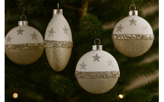 Komplet 4 bombek szklanych 8 cm biały-złoty 8450