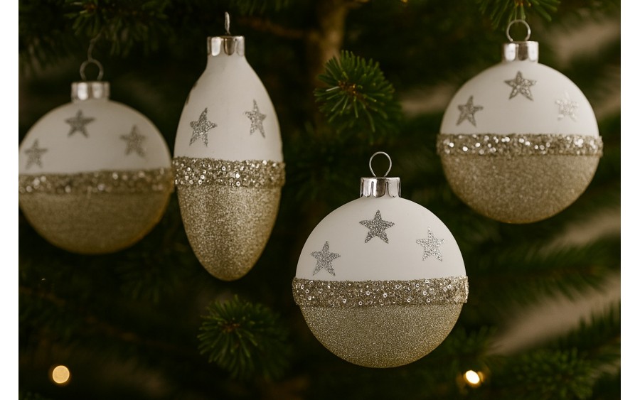 Komplet 4 bombek szklanych 8 cm biały-złoty 8450