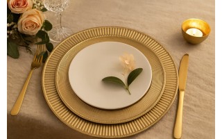 Talerz dekoracyjny plastikowy 33 cm złoty paski 160473