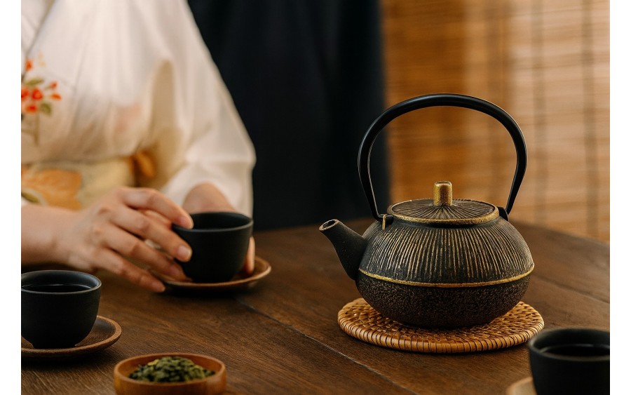 Żeliwny imbryk z zaparzaczem 0,8 L Alor czarno-złoty