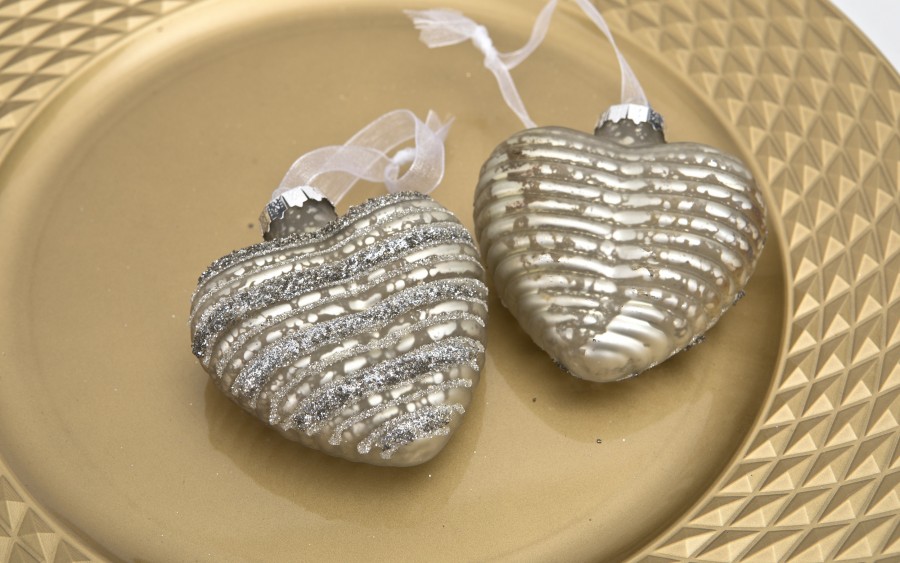 Komplet 2 bombek szklanych 8 cm Serca szampan