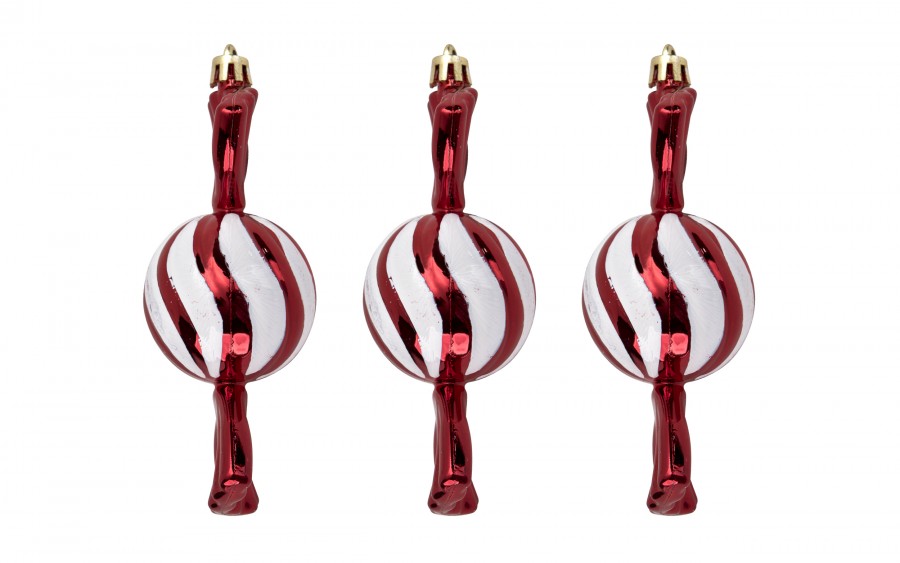 Komplet 3 bombek plastikowych Cukierek czerwono-biały 9024