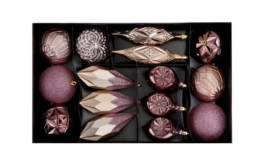 Komplet 16 bombek plastikowych różne róż burgund