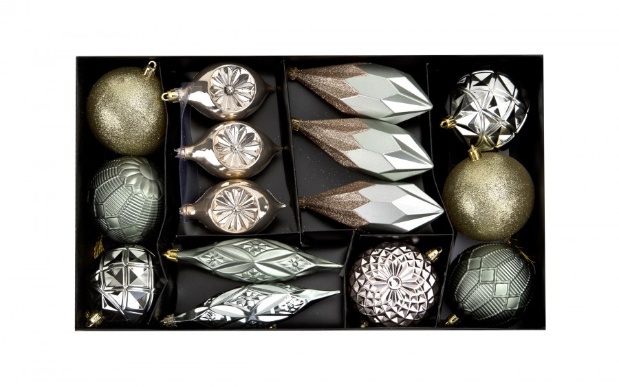 Komplet 16 bombek plastikowych różne zielony szampański