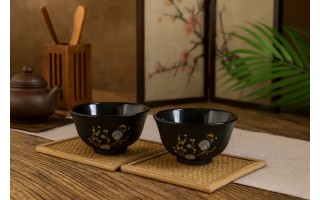 Żeliwny zestaw 2 czarek do herbaty Bird czarny Japanese