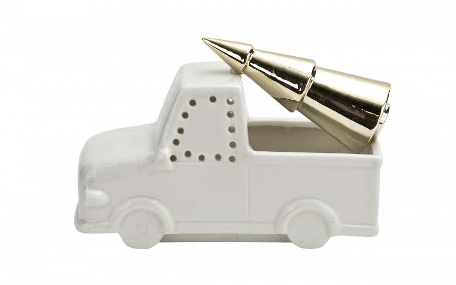 Ozdoba świateczna białe autko z choinką w bagażniku 6083