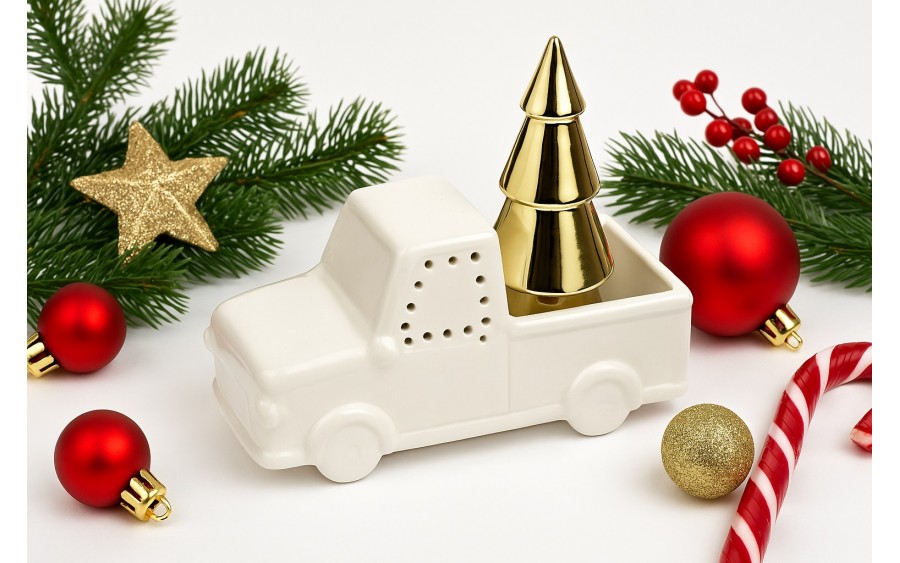 Ozdoba świateczna białe autko z choinką w bagażniku 6083