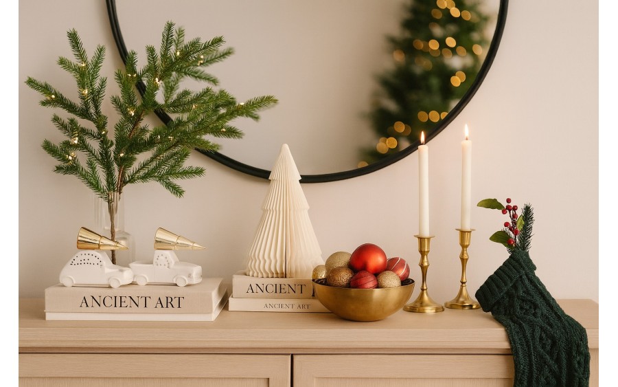 Ozdoba świateczna białe autko z choinką w bagażniku 6083