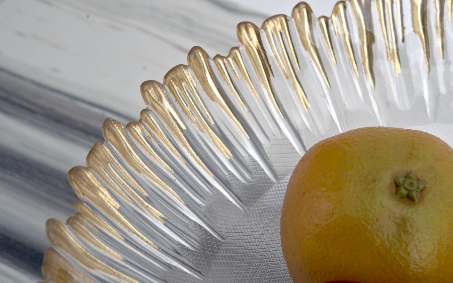 Patera szklana na złotej nodze 33cm 180030