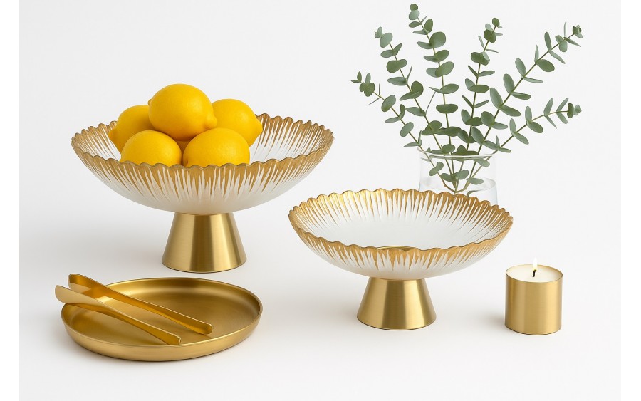 Patera szklana na złotej nodze 33cm 180030