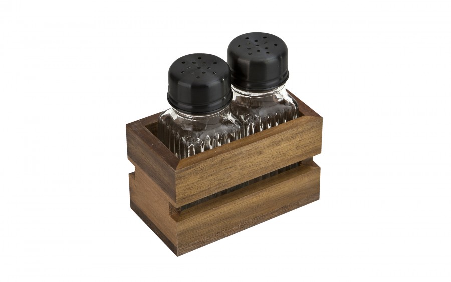 Solniczka i pieprzniczka w drewnianym stojaku