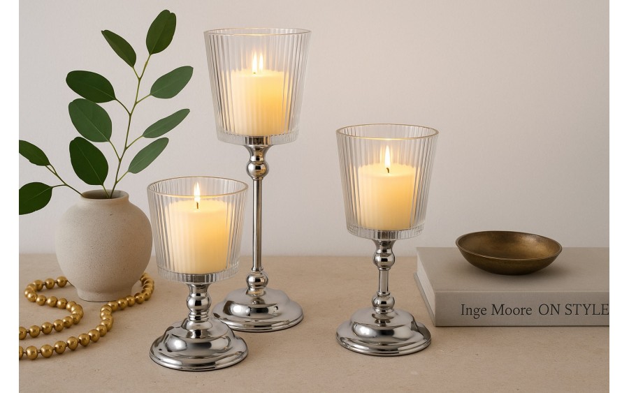 Świecznik szklany na metalowej nodze 20cm JKO288