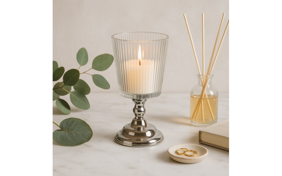 Świecznik szklany na metalowej nodze 20cm JKO288