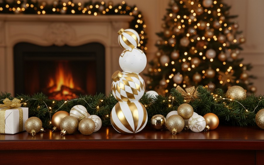 Dekoracja świąteczna Stos bombek biało-złotych 40 cm