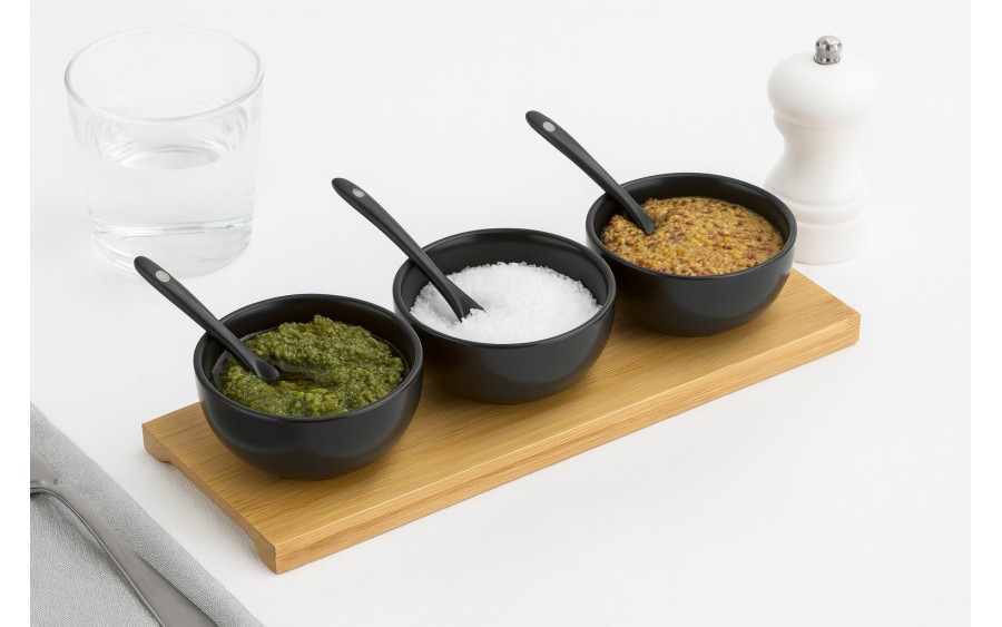 Kpl. 3 miseczek + łyżka + deska do Dipów czarna