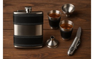 Piersiówka w komplecie, czarno srebrna KW8S4