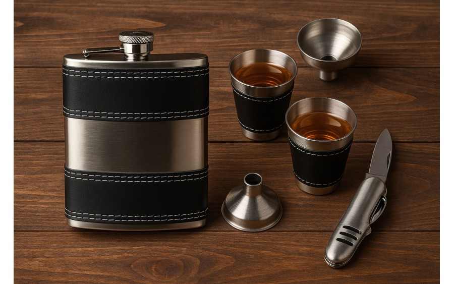 Piersiówka w komplecie, czarno srebrna KW8S4