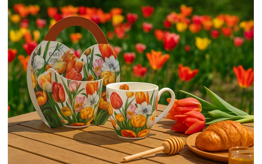 Kubek porcelanowy 460 ml Tulipany w koszyczku