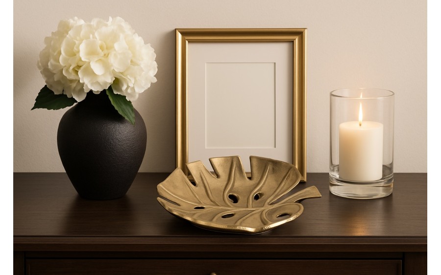 Patera metalowa złoty liść ażurowy 22 cm