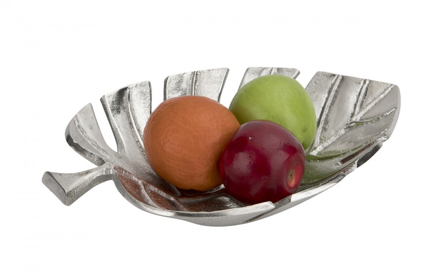 Patera metalowa srebrny liść ażurowy 30 cm