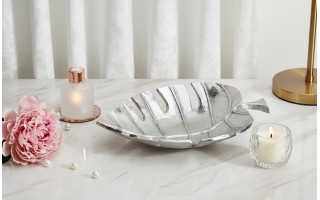 Patera metalowa srebrny liść ażurowy 30 cm